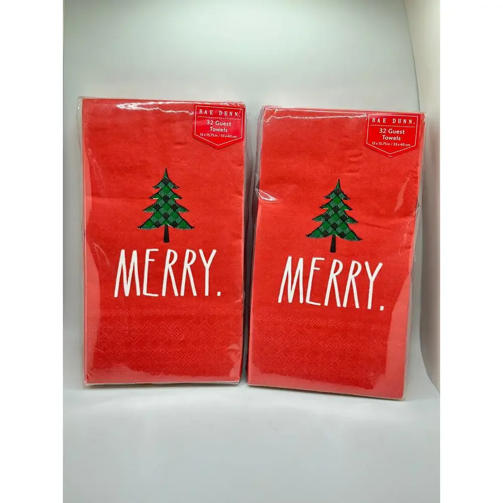Rae Dunn Merry Guest Towels- Red with Tree